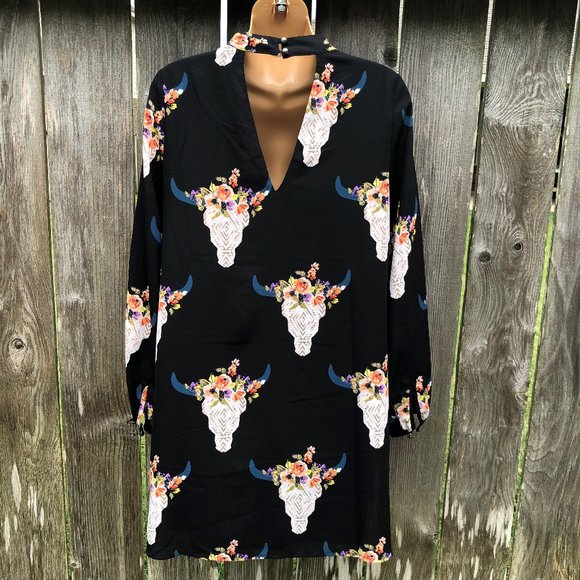 Altar'd State O'Keefe Dress A-Line Floral Cow Skull Southwest NWT Women's Size S - Picture 4 of 7